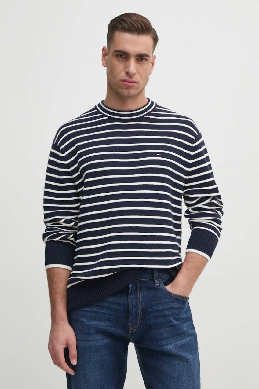 Bavlnený sveter Tommy Hilfiger pánsky, tmavomodrá farba, tenký, MW0MW38944