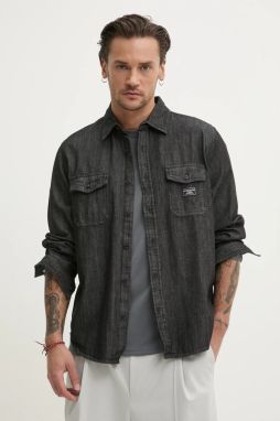 Rifľová košeľa Guess Jeans pánska, čierna farba, voľný strih, s klasickým golierom, M5RH56 D5M91