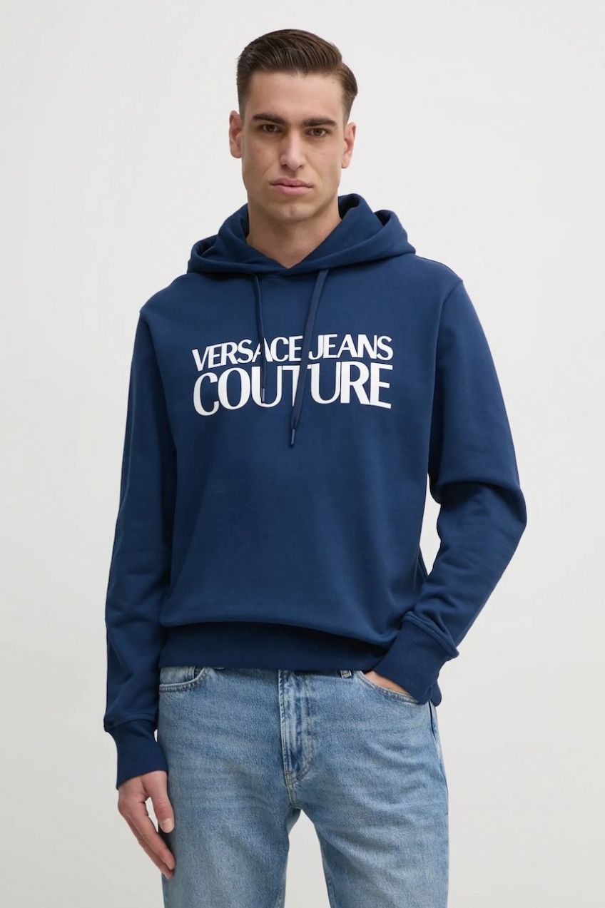 Bavlnená mikina Versace Jeans Couture pánska, tmavomodrá farba, s kapucňou, s nášivkou, 78GAIE05 CF00E