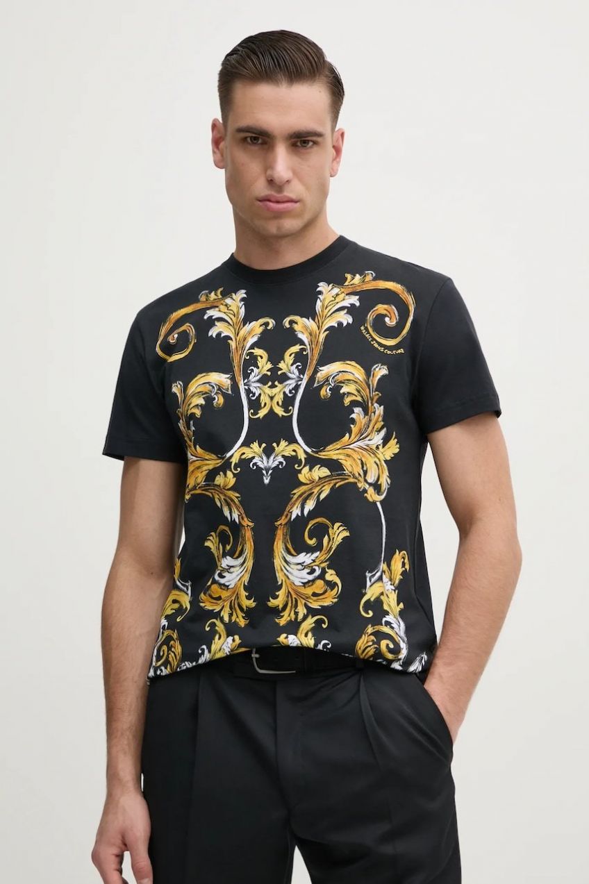 Bavlnené tričko Versace Jeans Couture pánske, čierna farba, vzorované, 78GAH6SB JS461