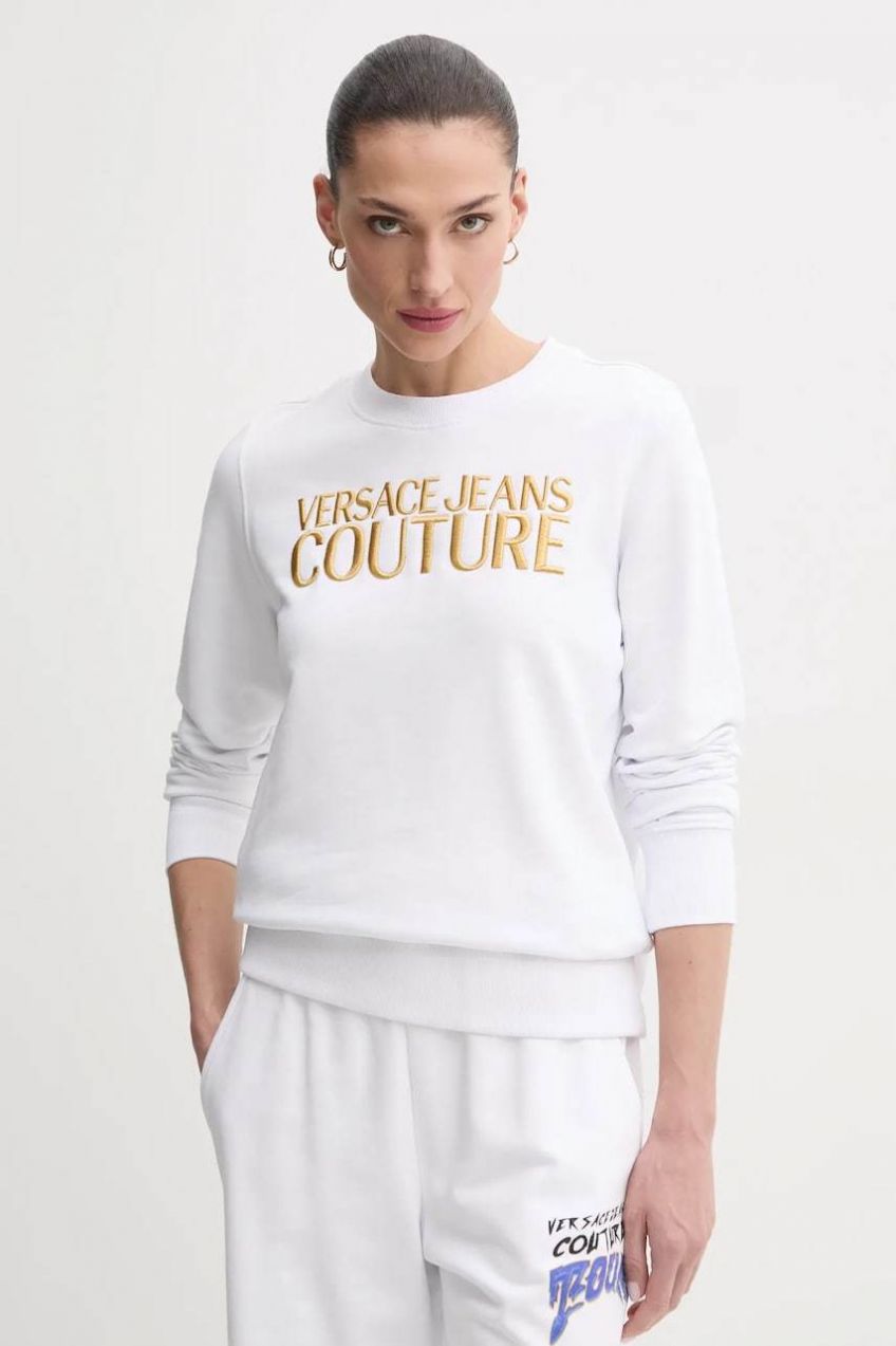 Bavlnená mikina Versace Jeans Couture dámska, biela farba, s nášivkou, 78HAIT06 CF01T
