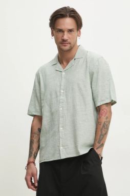Ľanová košeľa Hollister Co. pánska, zelená farba, regular, s klasickým golierom, KI325-5096