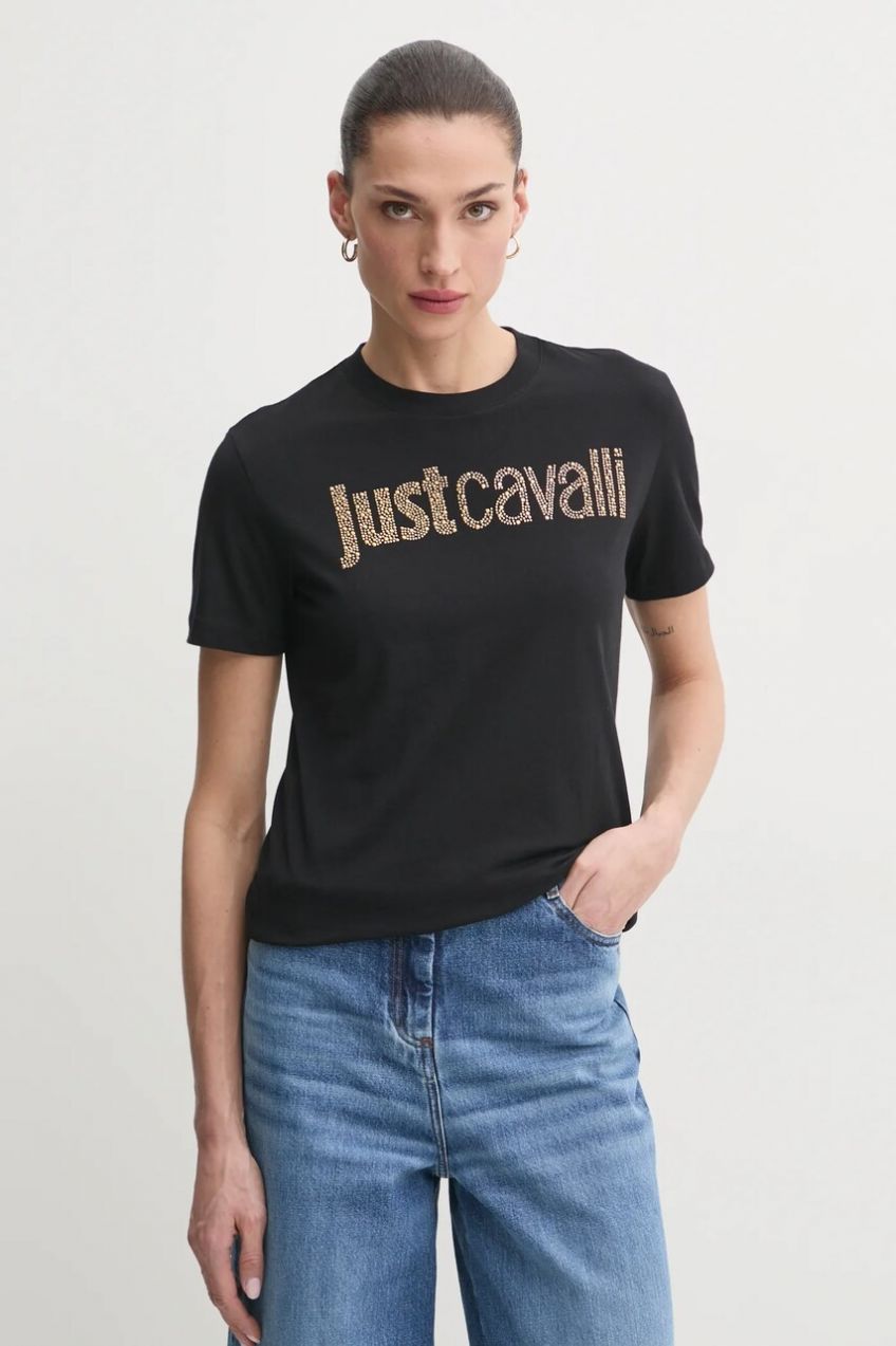 Bavlnené tričko Just Cavalli dámske, čierna farba, 78PAHE15 CJ110