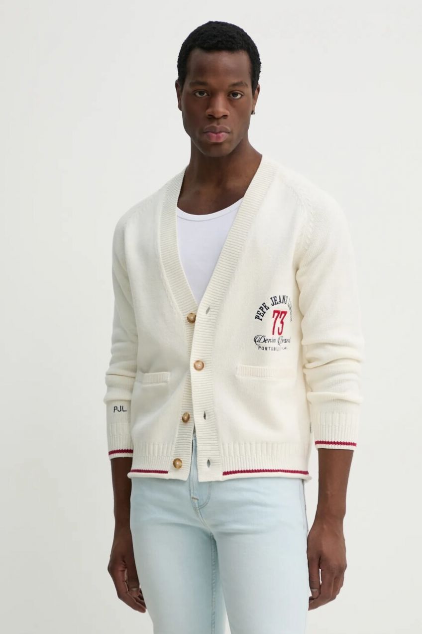 Kardigán Pepe Jeans LUCIAN pánsky, béžová farba, PM702518