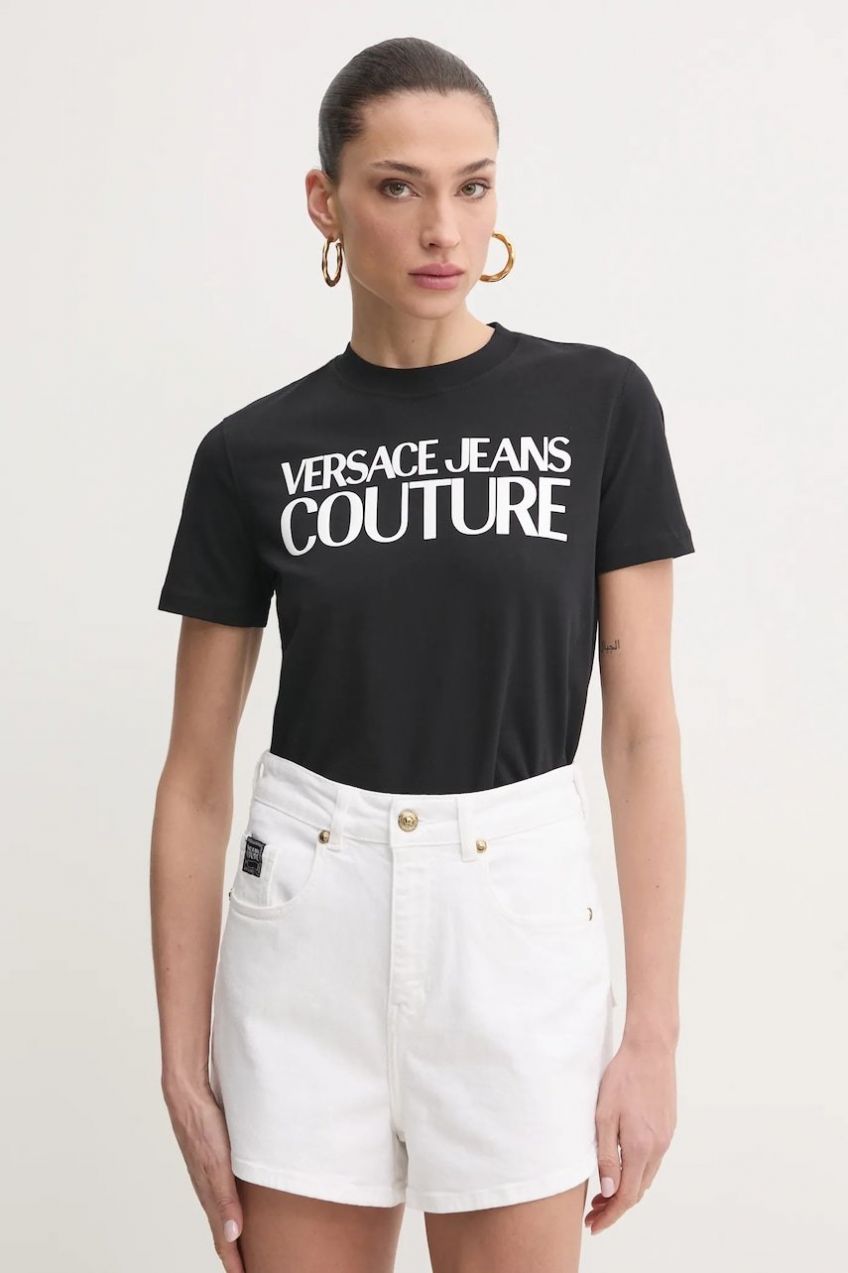 Bavlnené tričko Versace Jeans Couture dámske, čierna farba, 78HAHE05 CJ00E