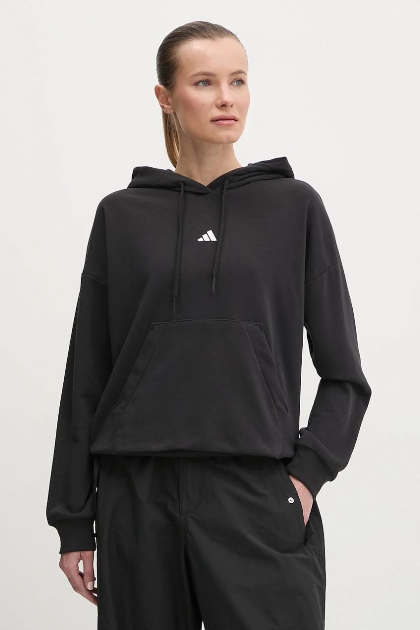 Mikina adidas Essentials dámska, čierna farba, s kapucňou, s nášivkou, JD7989