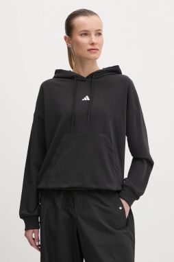 Mikina adidas Essentials dámska, čierna farba, s kapucňou, s nášivkou, JD7989