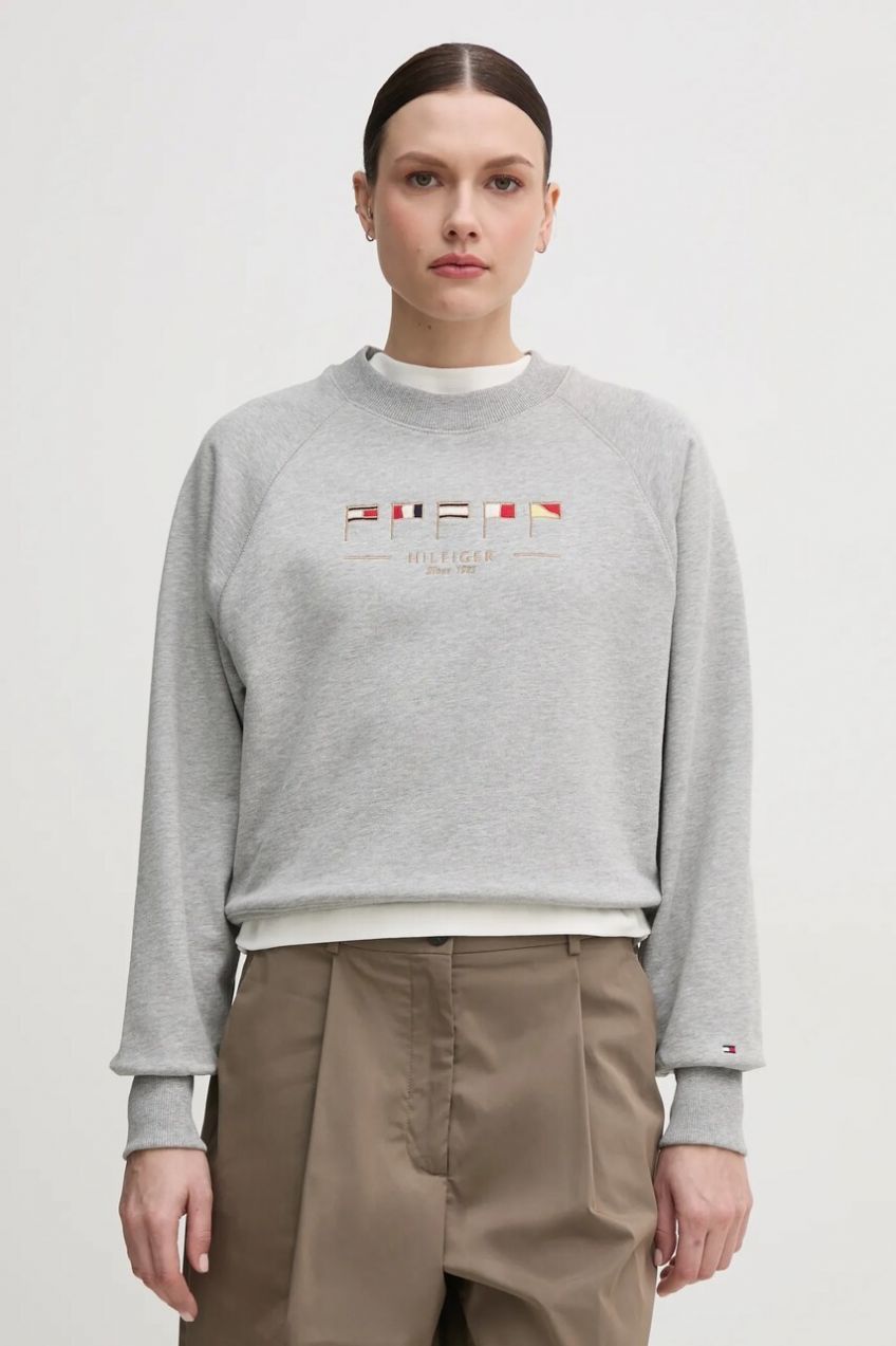 Mikina Tommy Hilfiger dámska, šedá farba, s nášivkou, WW0WW45526