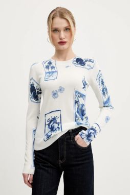 Sveter s prímesou ľanu Desigual TAMPERE dámsky, biela farba, tenký, 25SWJF32