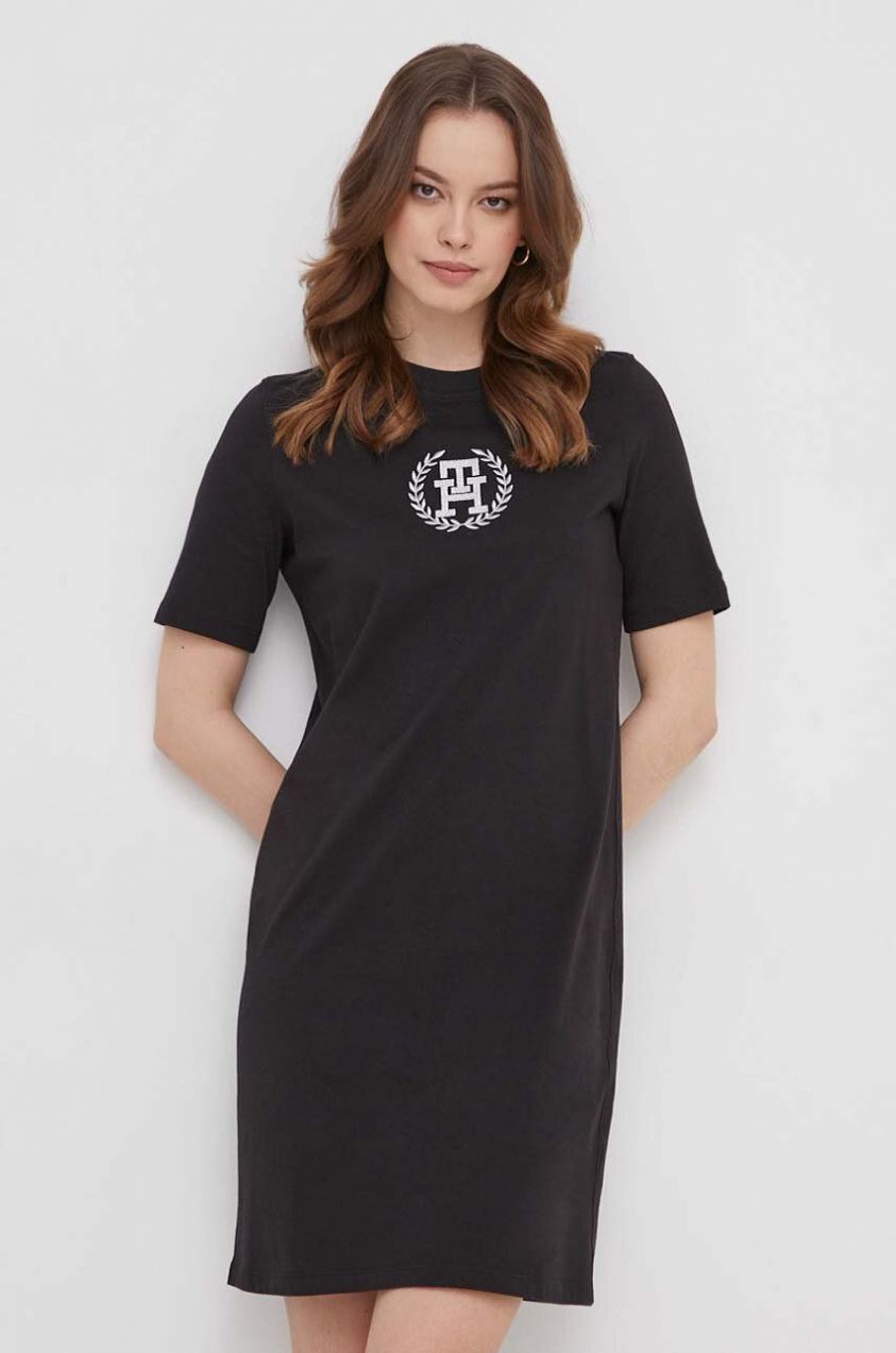 Bavlnené šaty Tommy Hilfiger čierna farba, mini, rovný strih, WW0WW41757