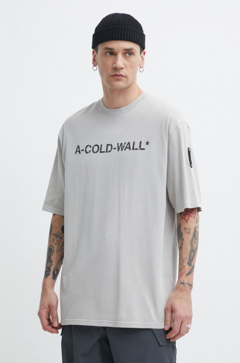 Bavlnené tričko A-COLD-WALL* Overdye Logo T-Shirt pánske, šedá farba, s potlačou, ACWMTS186