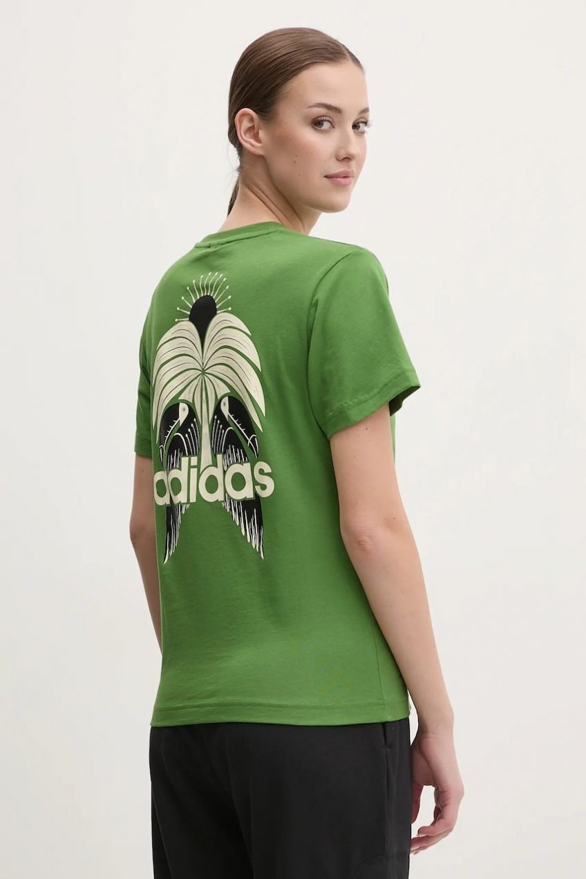 Bavlnené tričko adidas x Farm Rio dámske, zelená farba, JD6292