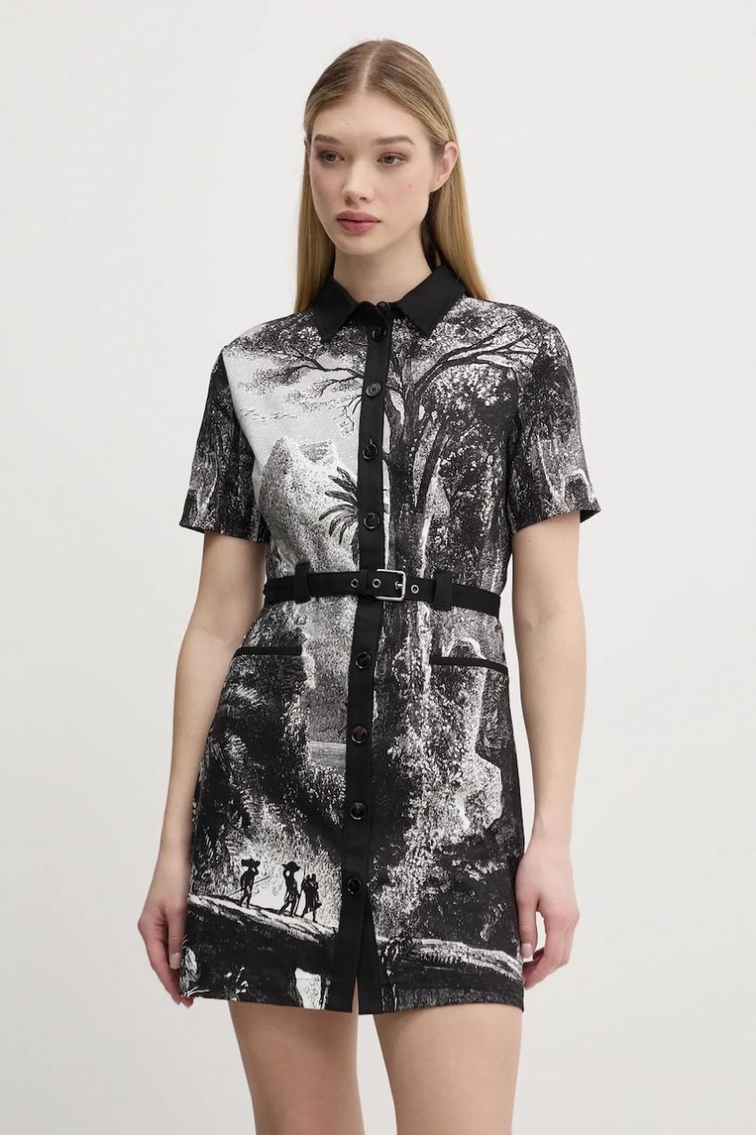 Šaty Desigual TROPIC LITOGRAPHY LA čierna farba, mini, rovný strih, 25SWVW96