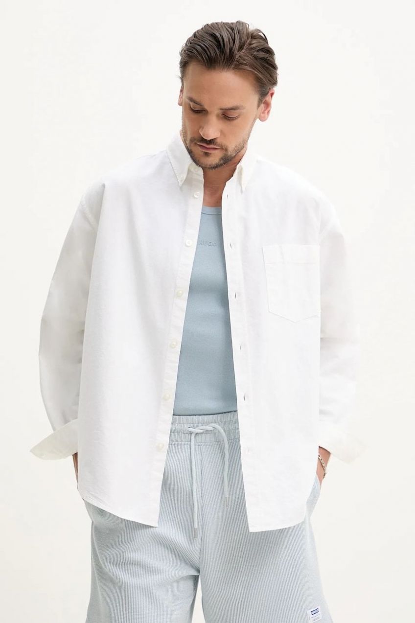 Bavlnená košeľa Hugo Blue pánska, biela farba, voľný strih, s golierom button-down, 50534183