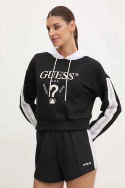 Mikina Guess YARROW dámska, čierna farba, s kapucňou, s nášivkou, V5GQ17 KCRT1