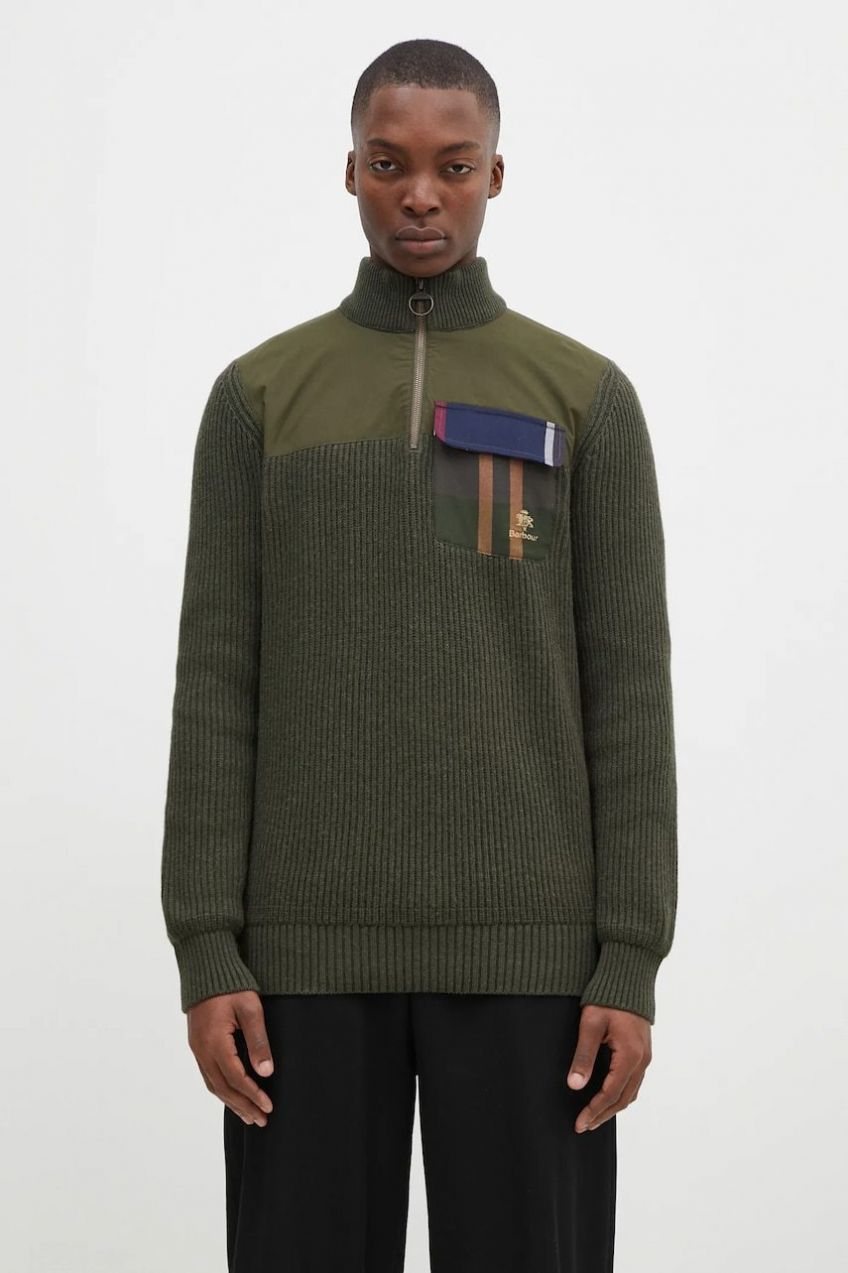 Vlnený sveter Baracuta Barbour x Baracut Miller Half Zip Knit pánsky, zelená farba, teplý, s rolákom, BRMAG0192