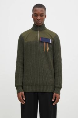 Vlnený sveter Baracuta Barbour x Baracut Miller Half Zip Knit pánsky, zelená farba, teplý, s rolákom, BRMAG0192