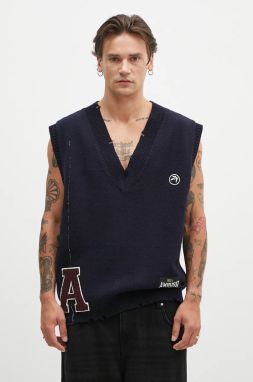 Vlnená vesta AMBUSH Repair Stitch V Neck Vest tmavomodrá farba, teplý, BMHZ002F24KNI0014628