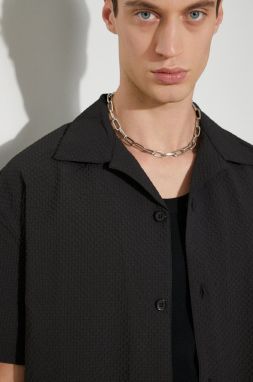 Košeľa MKI MIYUKI ZOKU Seersucker Vacation Shirt pánska, čierna farba, voľný strih, s klasickým golierom, SEERSUCKER.VACATION.SHI