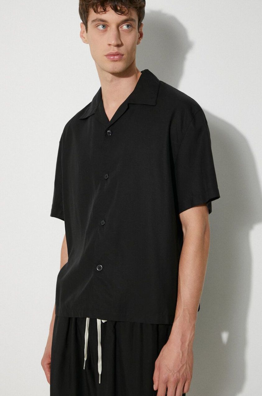 Košeľa MKI MIYUKI ZOKU Tencel Vacation Shirt pánska, čierna farba, voľný strih, TENCEL.VACATION.SHIRT