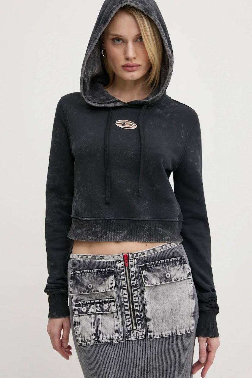 Bavlnená mikina Diesel F-SLIMMY-HOOD-P5 SWEAT-SHIRT dámska, čierna farba, s kapucňou, vzorovaná, A14492.0IPAC