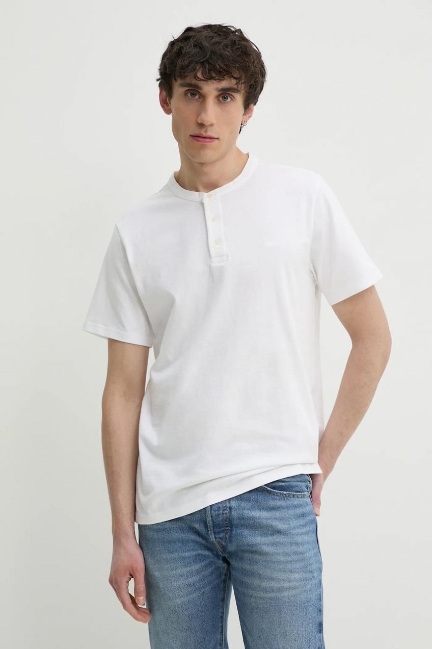 Bavlnené tričko Levi's SS HM HENLEY pánske, biela farba, jednofarebné, A8602