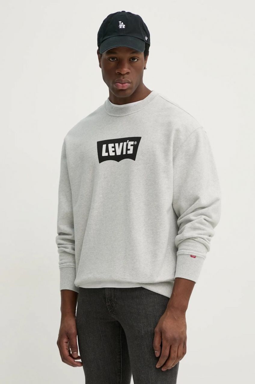 Bavlnená mikina Levi's PREMIUM GRAPHIC CREW pánska, šedá farba, s potlačou, 000MS