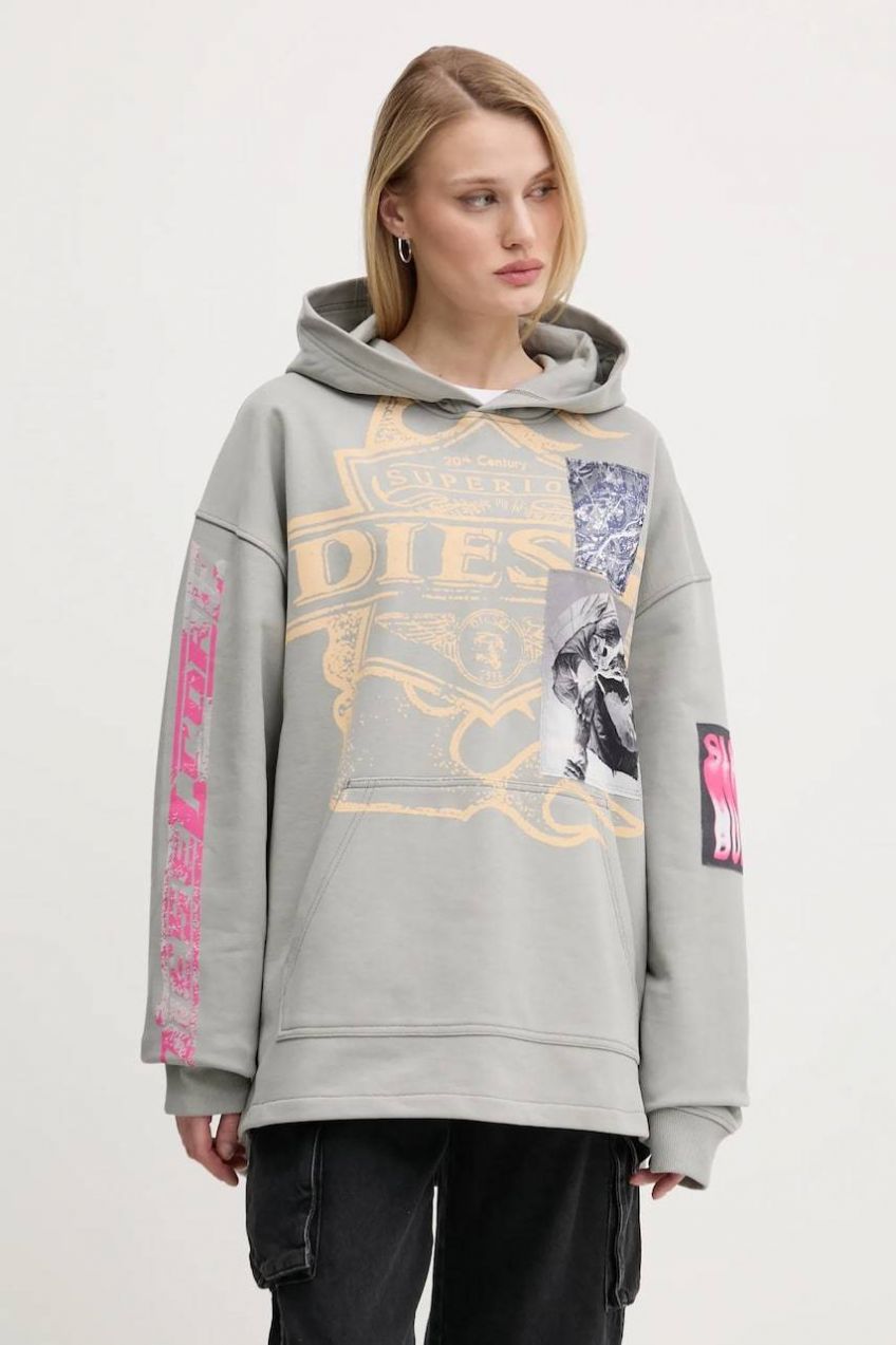 Bavlnená mikina Diesel S-BAXT-HOOD-R1 SWEAT-SHIRT pánska, šedá farba, s kapucňou, s potlačou, A16171.0BMBJ