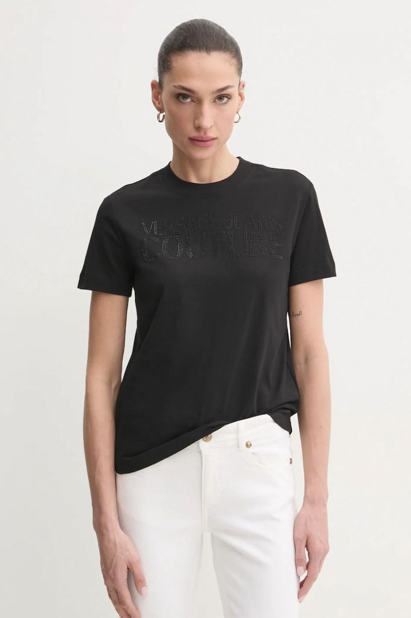 Bavlnené tričko Versace Jeans Couture dámske, čierna farba, 78HAHS04 CJ00S