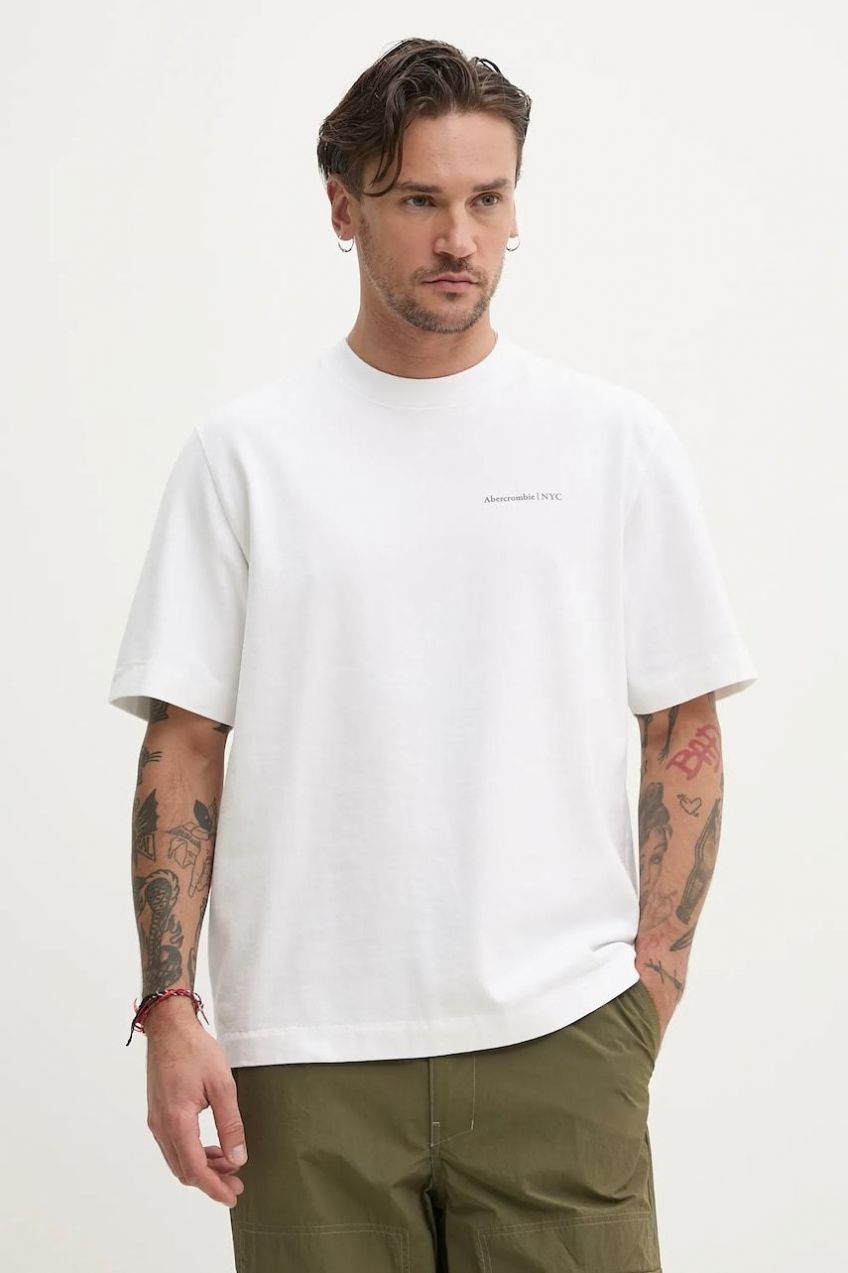 Bavlnené tričko Abercrombie & Fitch pánske, biela farba, jednofarebné, KI123-5017