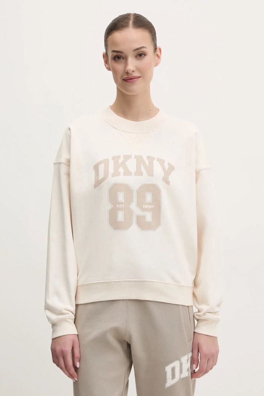 Bavlnená mikina Dkny dámska, béžová farba, s nášivkou, DP5T1230