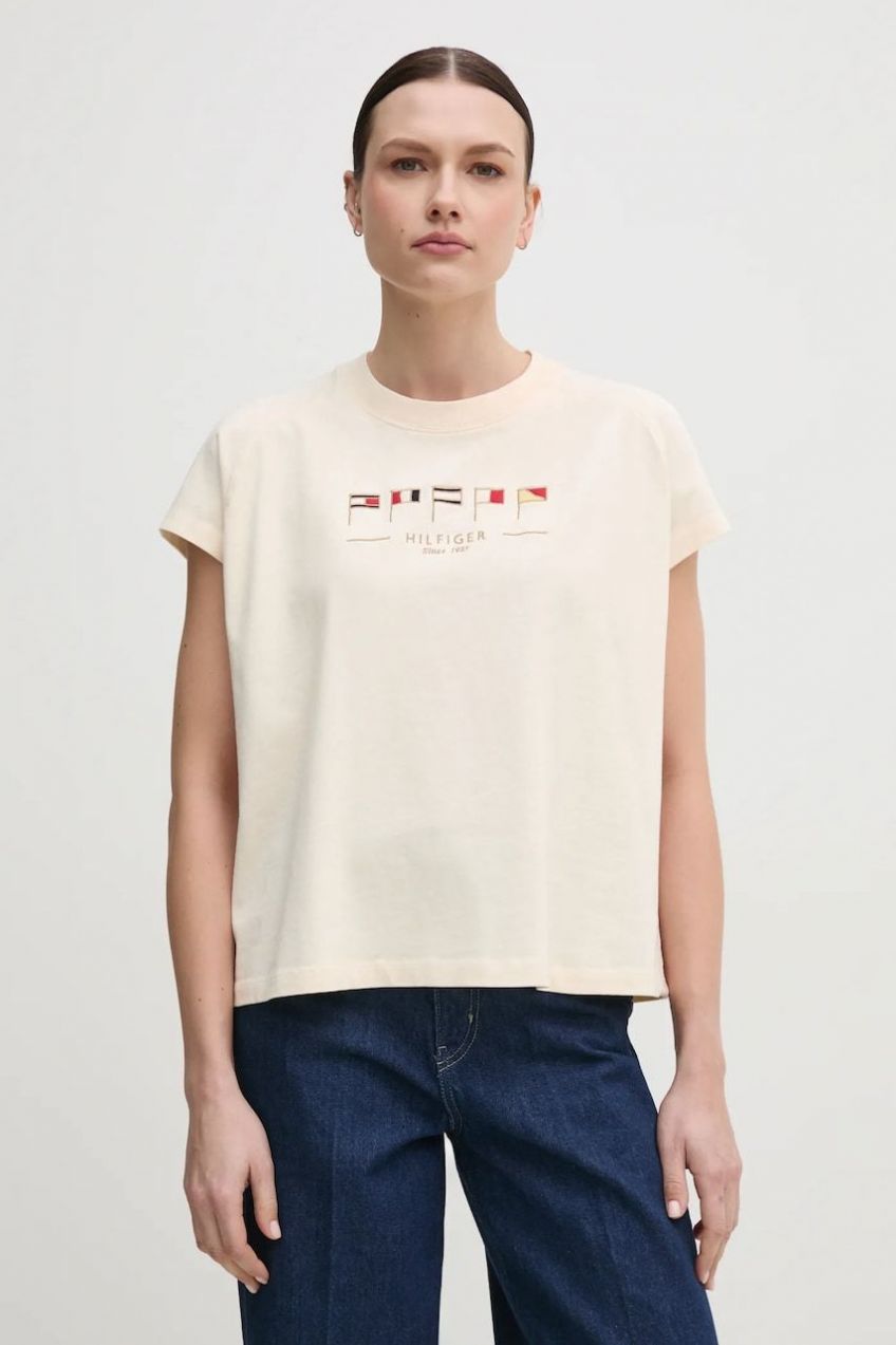 Bavlnené tričko Tommy Hilfiger dámske, béžová farba, WW0WW44574