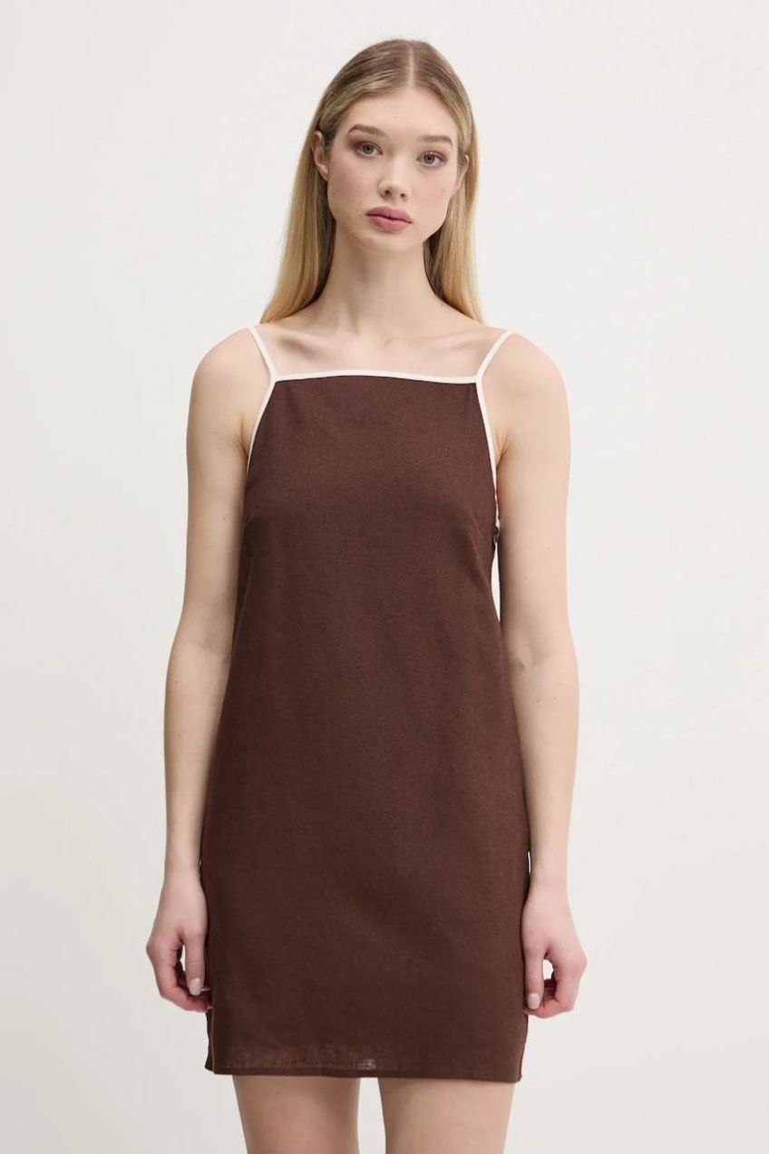 Ľanové šaty Abercrombie & Fitch hnedá farba, mini, rovný strih, KI159-5662