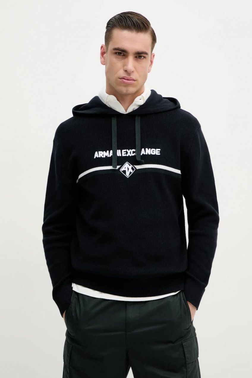 Bavlnený sveter Armani Exchange pánsky, tmavomodrá farba, tenký, s rolákom, XM000180 AF11960