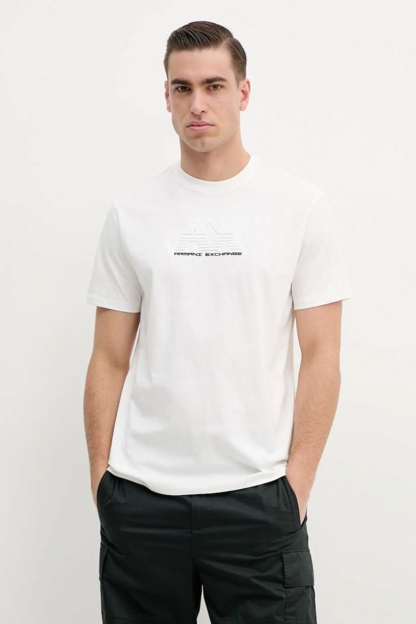 Bavlnené tričko Armani Exchange pánske, biela farba, s nášivkou, XM000544 AF10361