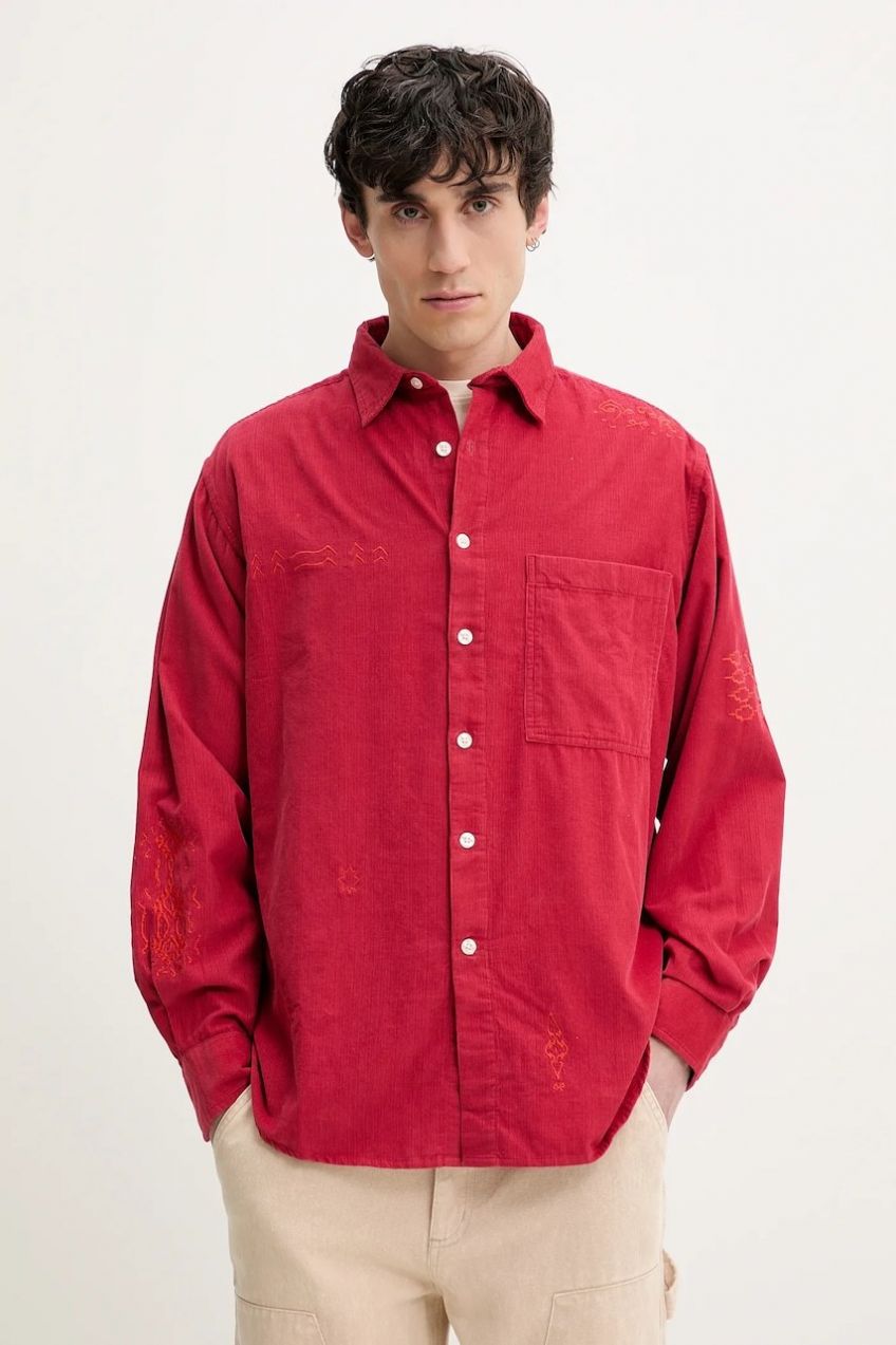 Menčestrová košeľa Desigual CORDUROY pánska, červená farba, voľný strih, s klasickým golierom, 25SMCW04
