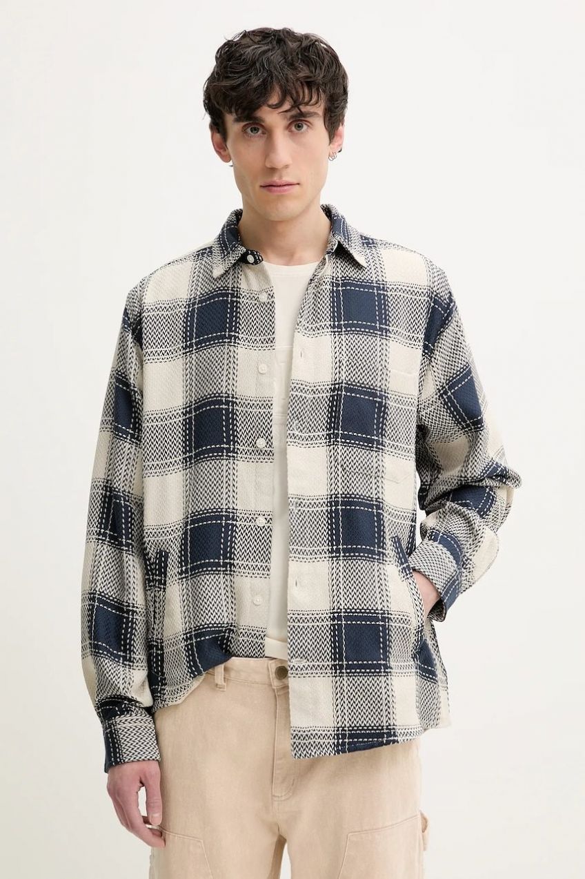 Bavlnená košeľa Desigual LUMBERJACK pánska, tmavomodrá farba, regular, s klasickým golierom, 25SMCW08