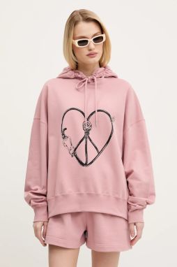 Bavlnená mikina Moschino Jeans dámska, ružová farba, s kapucňou, s potlačou, 1708 3228