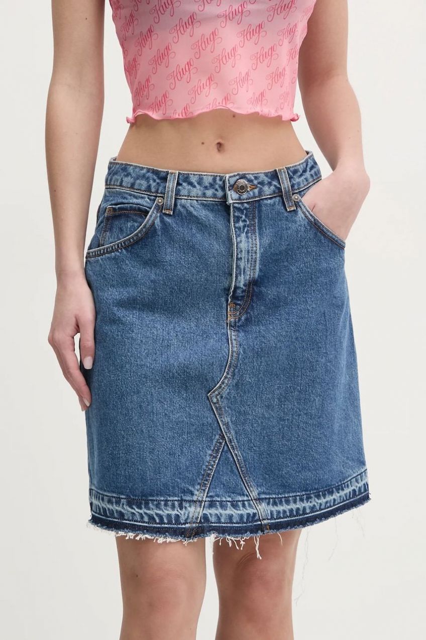 Rifľová sukňa HUGO mini, áčkový strih, 50539762
