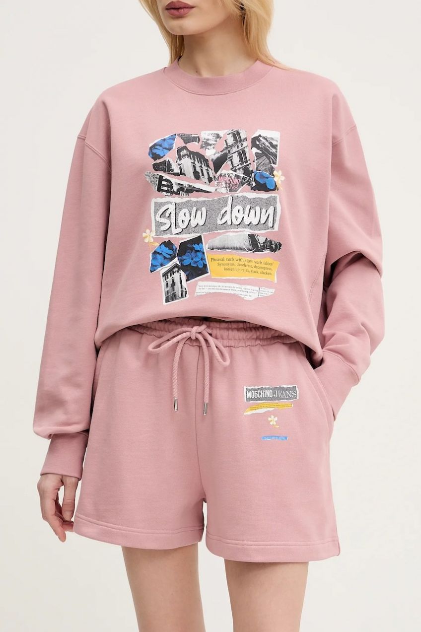 Bavlnené šortky Moschino Jeans dámske, ružová farba, s potlačou, stredne vysoký pás, 0322 3228