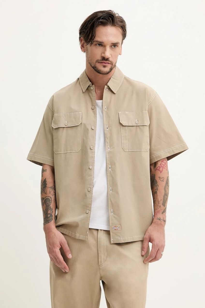 Košeľa Dickies pánska, zelená farba, regular, s klasickým golierom, DK0A4Z7R0DS1