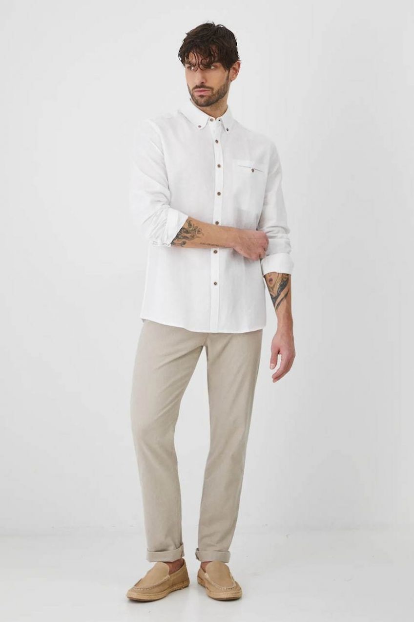Ľanová košeľa Medicine pánska, biela farba, regular, s golierom button-down