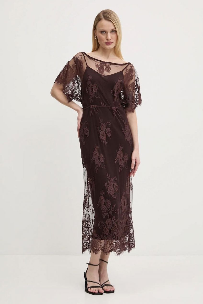 Šaty Never Fully Dressed Lace Tilly hnedá farba, midi, rovný strih, NFDDR1853