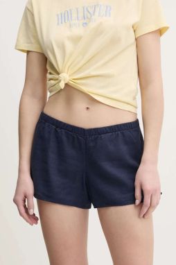 Ľanové šortky Hollister Co. dámske, tmavomodrá farba, jednofarebné, vysoký pás, KI349-5077
