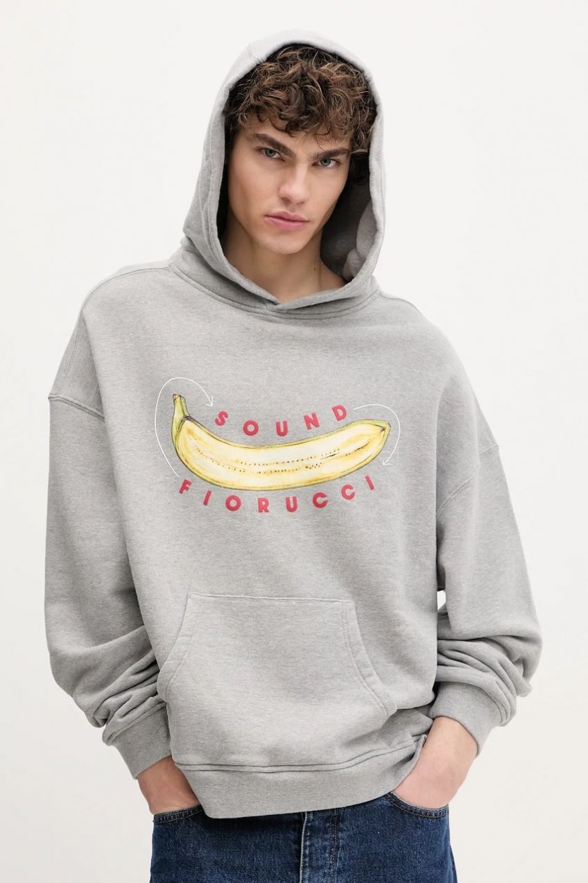 Bavlnená mikina Fiorucci Banana Sound Print Relaxed Fit Hoodie pánska, šedá farba, s kapucňou, s potlačou, U02SPSHO092CJ05GY01