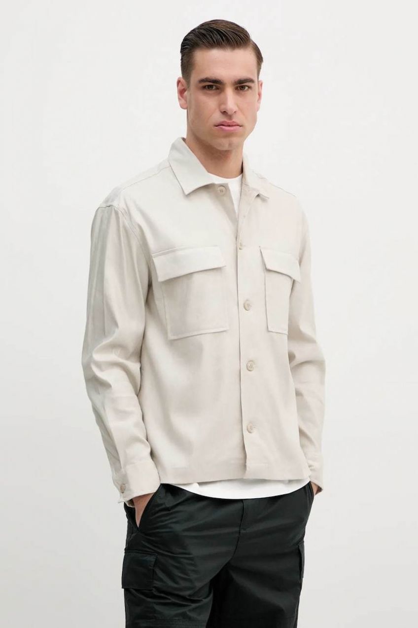 Košeľa s prímesou ľanu Calvin Klein béžová farba, regular, s klasickým golierom, K10K114191