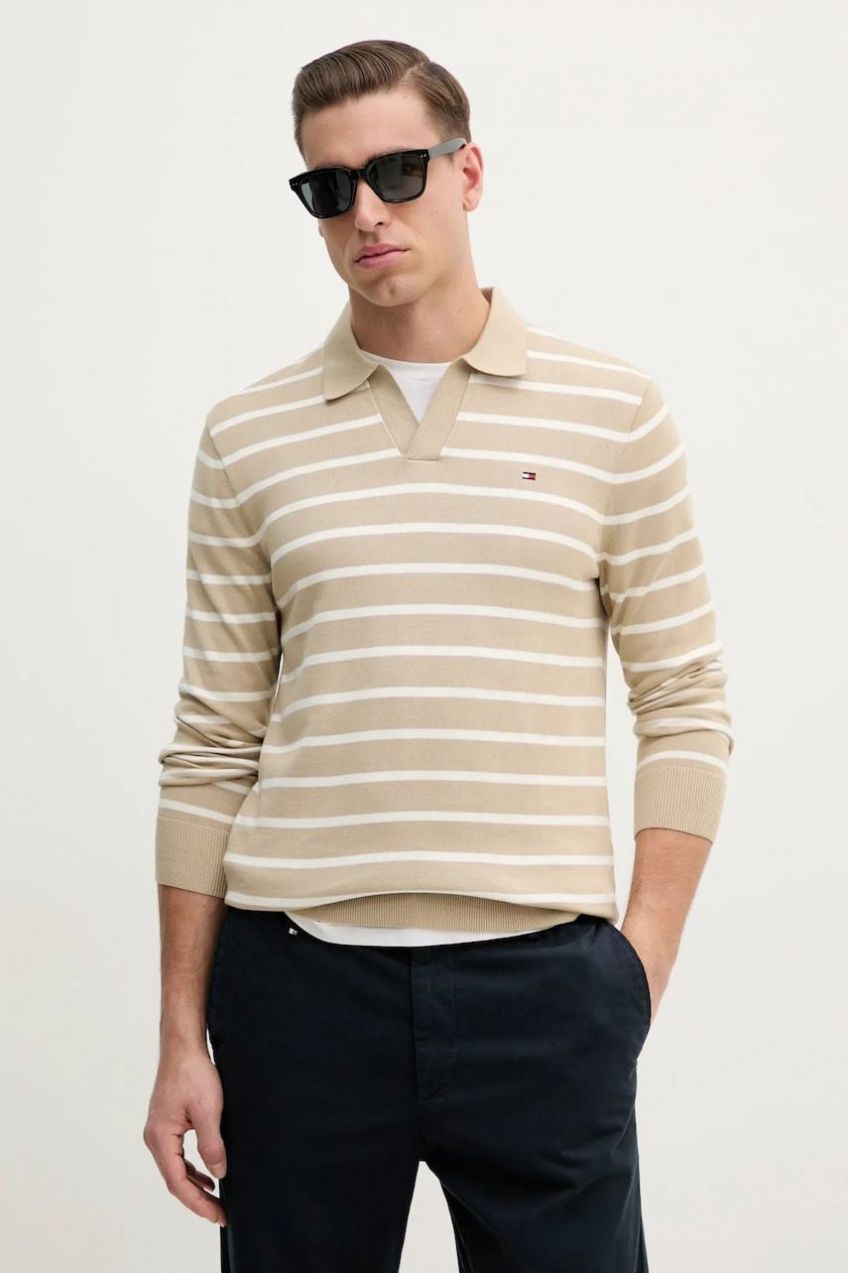Bavlnený sveter Tommy Hilfiger pánsky, béžová farba, tenký, MW0MW38609