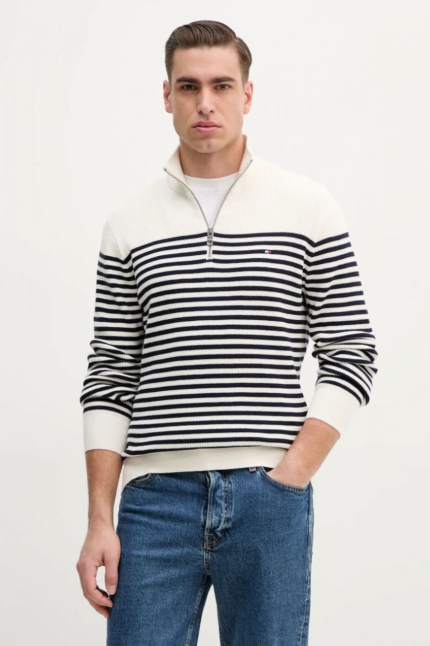 Bavlnený sveter Tommy Hilfiger pánsky, béžová farba, s polorolákom, MW0MW38601