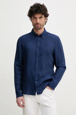 Ľanová košeľa Michael Kors tmavomodrá farba, slim, s golierom button-down