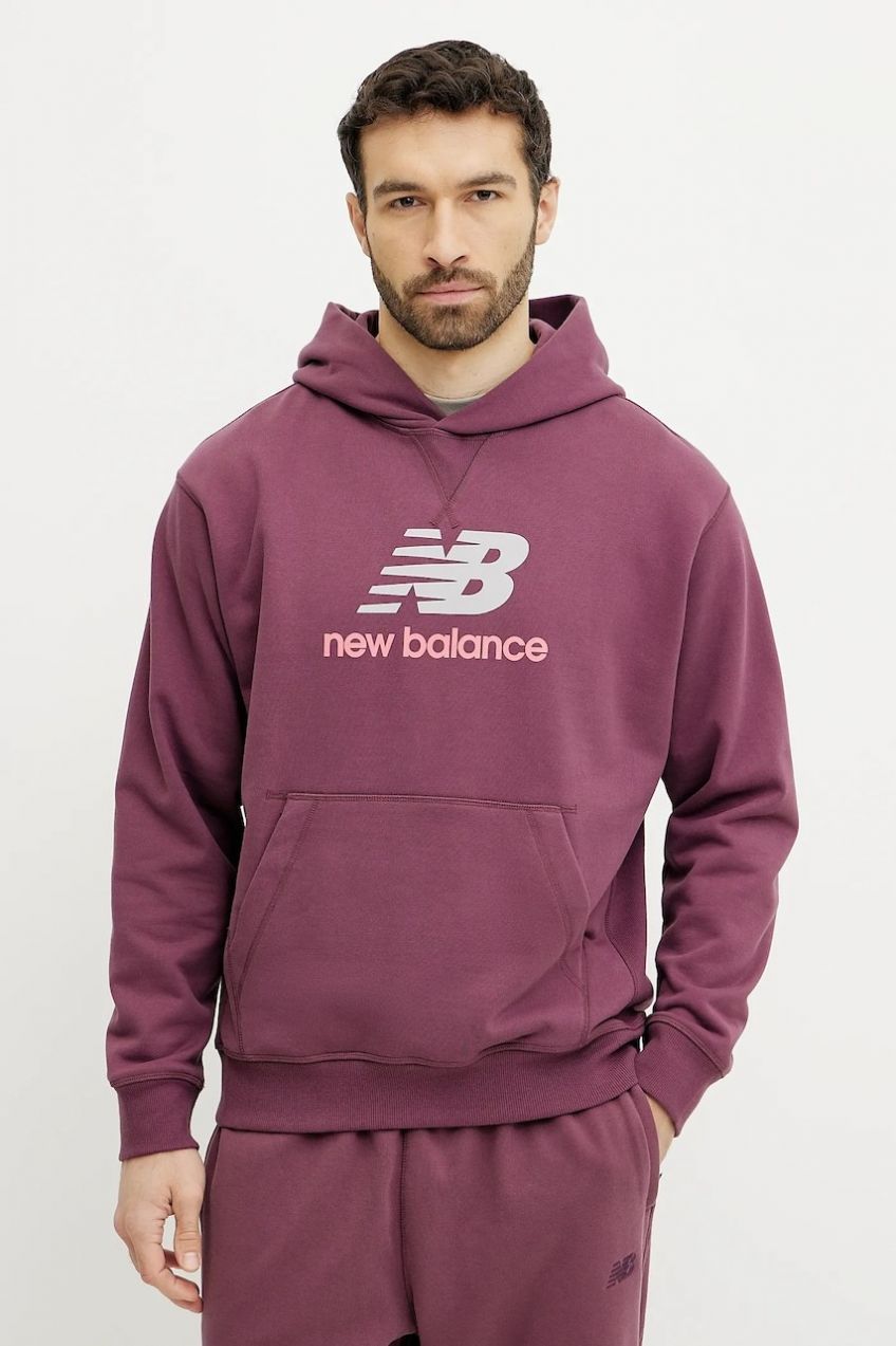 Bavlnená mikina New Balance pánska, bordová farba, s potlačou, MT51512FDP